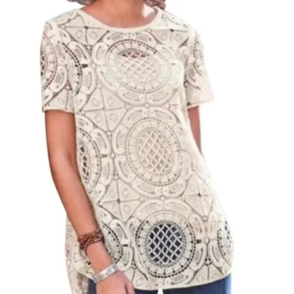 Sundance White Shadow Dance Open Crotchet Short Sleeve Top - Picture 1 of 10